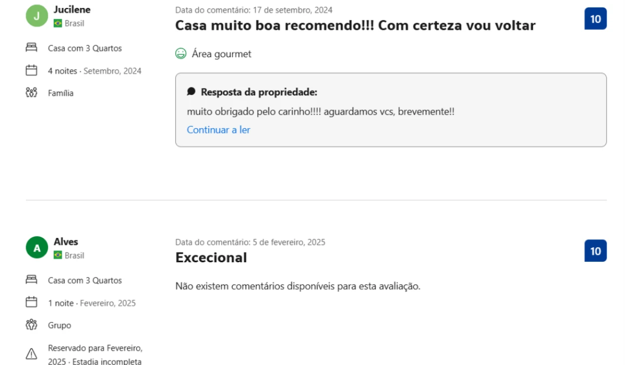 Depoimentos de hóspedes elogiando a Casa com Piscina em Itatiaia RJ, destacando conforto, área gourmet e atendimento acolhedor da propriedade.