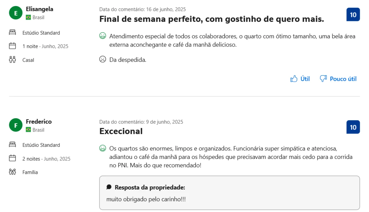 Depoimentos de hóspedes sobre os Lofts Encantus em Itatiaia RJ, destacando conforto, limpeza, bom atendimento e café da manhã elogiado.