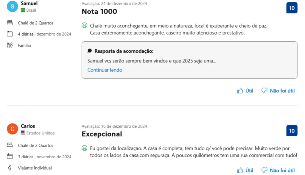 Depoimentos de hóspedes sobre o Chalé Benfica em Itatiaia RJ destacando conforto, tranquilidade e excelente localização.