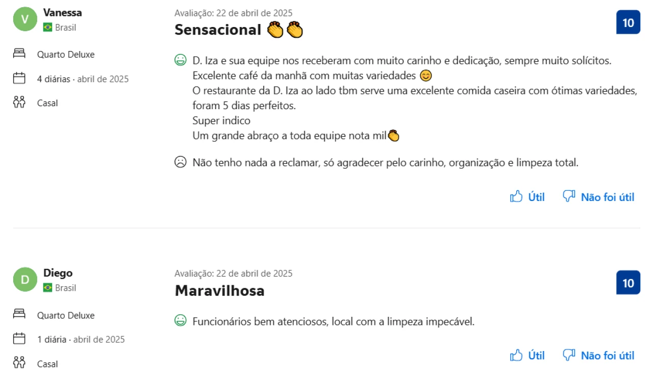 Depoimentos de hóspedes elogiando a Pousada da Iza em Itatiaia RJ por seu atendimento carinhoso, comida caseira e ambiente acolhedor.